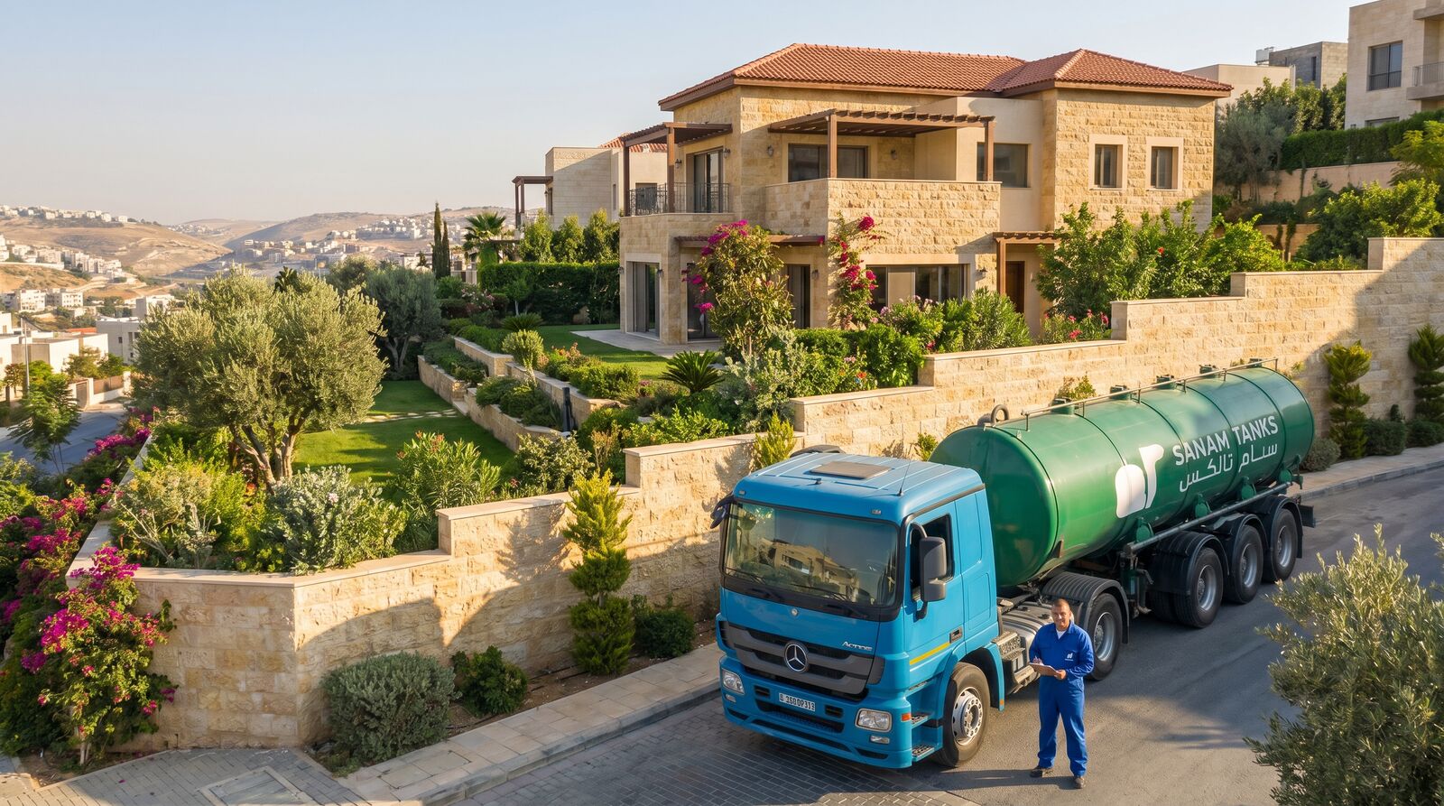 A Sanam Tanks water tanker and its driver outside a stone villa