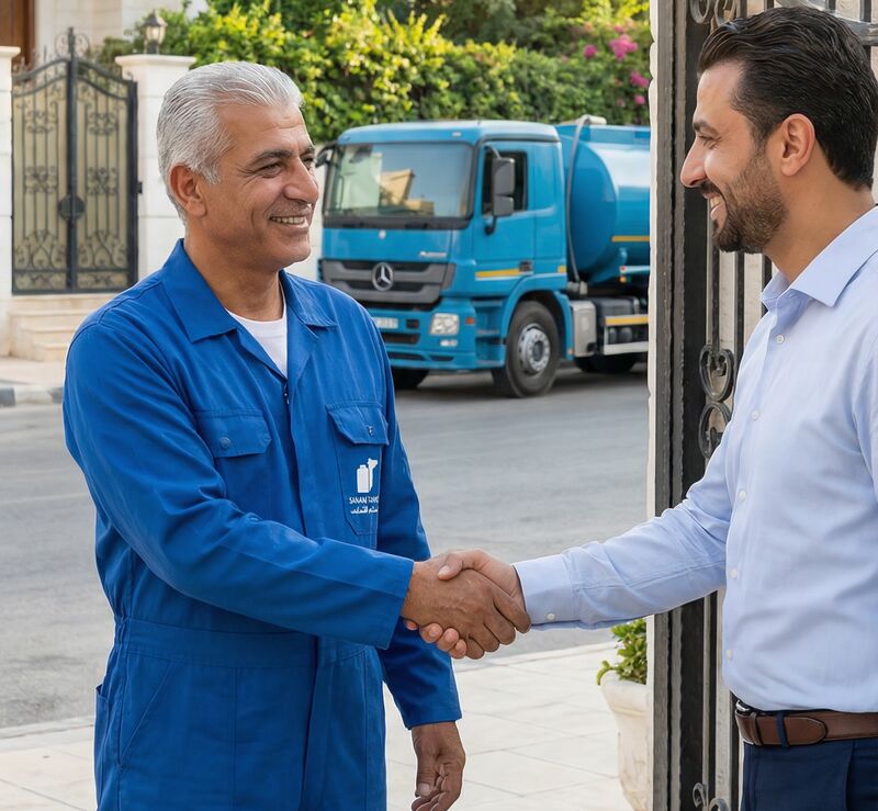 A Sanam Tanks driver shaking hands with a building manager at the gate